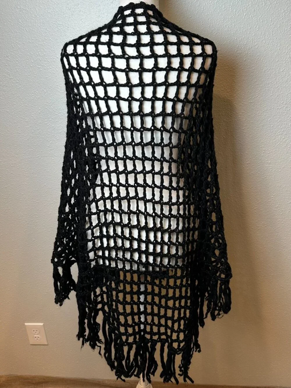 Black Crochet Fringe Shawl Wrap Open Knit Mesh Boho Festival Shrug Witchy Goth